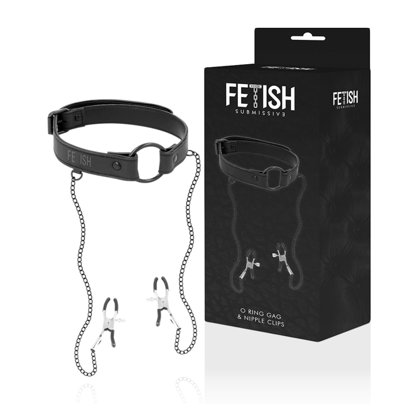 FETISH SUBMISSIVE RING GAG WITH NIPPLE CLAMPS - slika 2