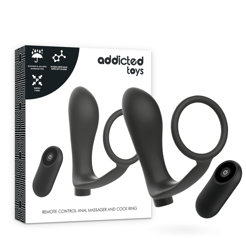 ADDICTED TOYS PENIS OBROČ Z DALJINSKIM UPRAVLJALNIKOM IN ANALNI POLNILNI VTIČ ČRNI