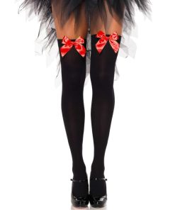 LEG AVENUE BLACK NYLON THIGH HIGHS WITH RED BOW ONE SIZE