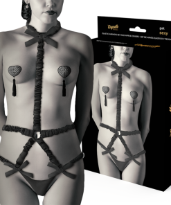 COQUETTE CHIC DESIRE ELASTIC HARNESS SET AND NIPPLE COVERS BLACK