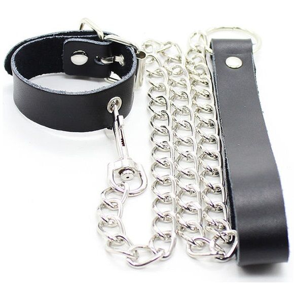 OHMAMA RESTRAINT LEATHER NECKLACE AND METALLIC CHAIN