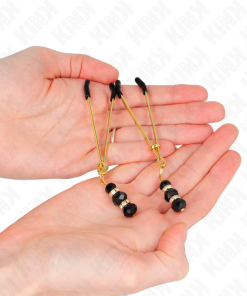 KINK - GOLD THIN NIPPLE CLAMPS WITH 3 BLACK GLASS BEADS 7 CM - slika 3