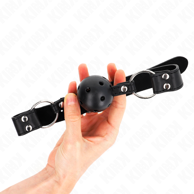KINK - BREATHABLE BALL 4 CM GAG WITH DOUBLE RIVET MODEL 1 BLACK 62.5 x 2.5 CM ADJUSTABLE 42-58 CM - slika 2