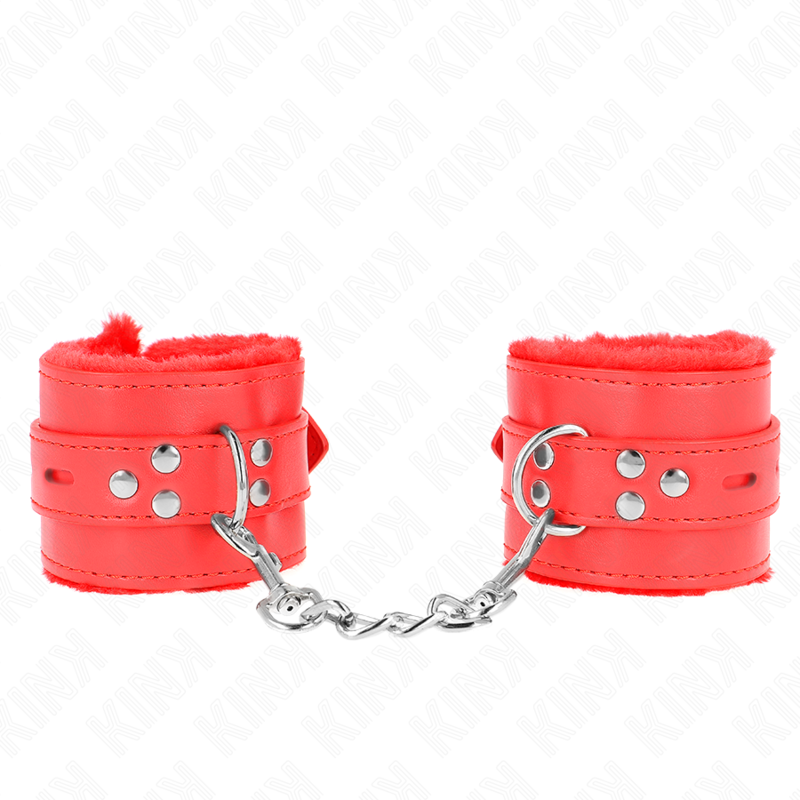KINK - FUR LINED WRIST RESTRAINTS WITH SQUARE HOLES RED AND RED BELT ADJUSTABLE 17-29 CM X 6 CM - slika 2