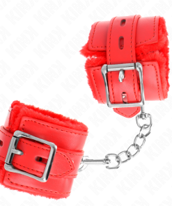 KINK - FUR LINED WRIST RESTRAINTS WITH SQUARE HOLES RED AND RED BELT ADJUSTABLE 17-29 CM X 6 CM - slika 3