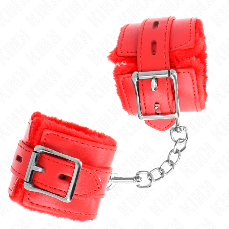 KINK - FUR LINED WRIST RESTRAINTS WITH SQUARE HOLES RED AND RED BELT ADJUSTABLE 17-29 CM X 6 CM - slika 3