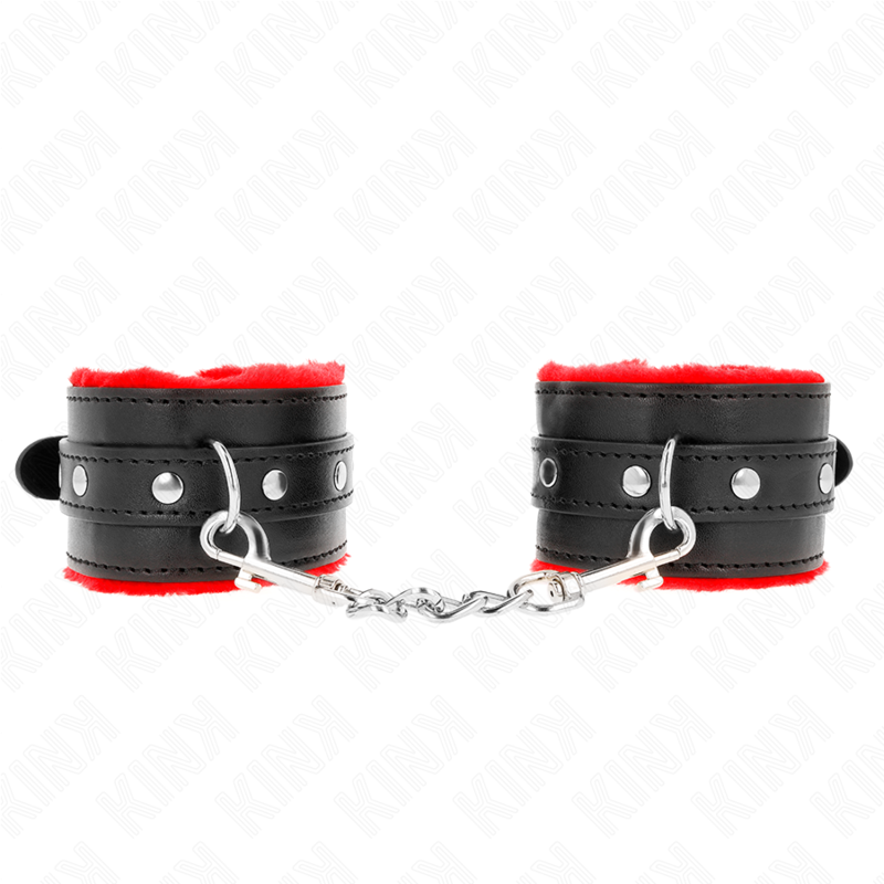 KINK - PREMIUM FUR LINED WRIST RESTRAINTS RED WITH BLACK BELT ADJUSTABLE 17-29 CM X 6 CM - slika 2