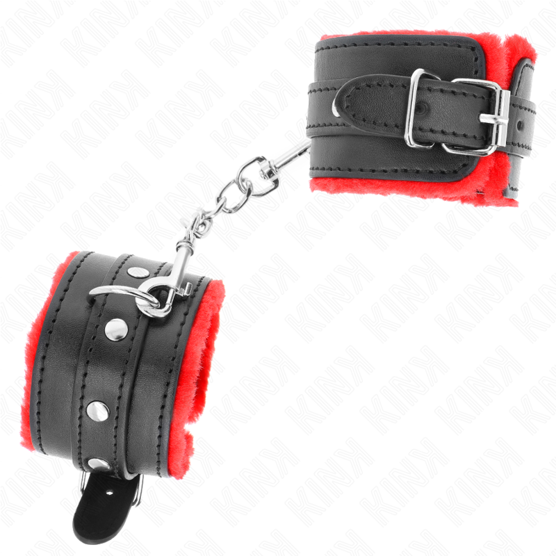 KINK - PREMIUM FUR LINED WRIST RESTRAINTS RED WITH BLACK BELT ADJUSTABLE 17-29 CM X 6 CM - slika 3