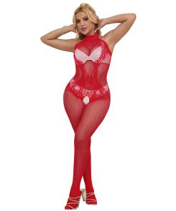 SUBBLIME - 952372 FISHNET AND LACE CROTCHLESS BODYSTOCKING WITH HIGH NECK RED ONE SIZE - slika 3