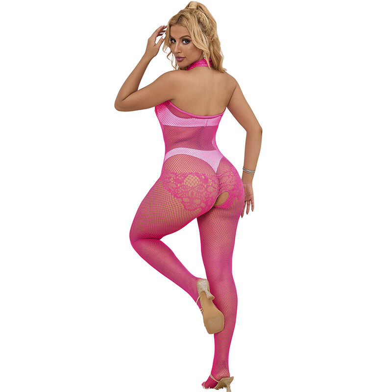 SUBBLIME - 952389 FISHNET AND LACE CROTCHLESS BODYSTOCKING WITH HIGH NECK PINK ONE SIZE - slika 2
