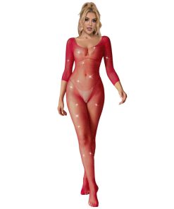 SUBBLIME - 952419 FISHNET BODYSTOCKING WITH DIAMONDS LONG SLEEVE RED ONE SIZE
