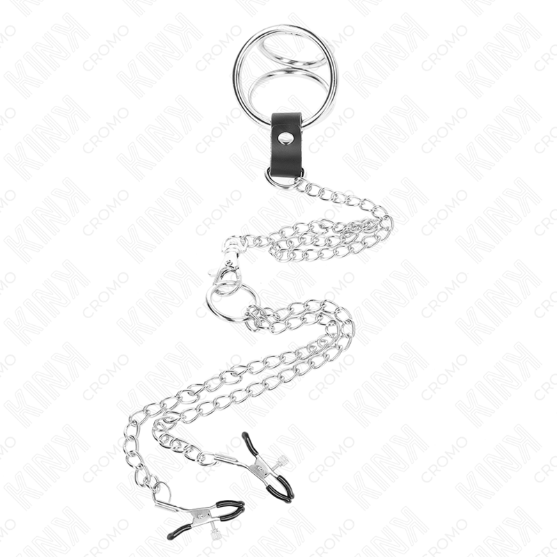 KINK - TRIPLE CHROME METAL PENIS RING 3 CM TO 4.5 CM WITH 26 CM METAL CHAIN AND NIPPLE CLIPS - slika 3