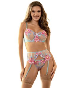 SUBBLIME - 954109 BRA + PANTIES WITH GARTER BELT FLORAL DESIGN BLUE S/M