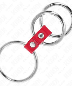 KINK - TRIPLE METAL PENIS RING 3.7 CM TO 5 CM CONNECTED WITH RED LEATHER - slika 3