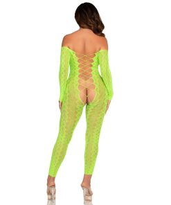 Alternative view of LEG AVENUE - CROTCHLESS BODYSTOCKING EXOTIC SNAKE LACE NEON GREEN