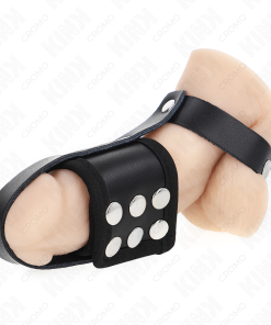 KINK - LEATHER PENIS CAGE RING WITH ADJUSTABLE COATED BALL DIVIDER STRAP - slika 2
