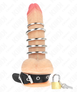 KINK - LEATHER PENIS RING WITH LOCK STRAP 21 X 2 CM AND 5 METAL RINGS FROM 3 CM TO 4 CM - slika 2
