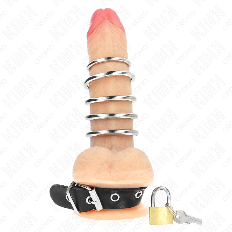 KINK - LEATHER PENIS RING WITH LOCK STRAP 21 X 2 CM AND 5 METAL RINGS FROM 3 CM TO 4 CM - slika 2