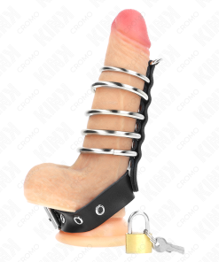 KINK - LEATHER PENIS RING WITH LOCK STRAP 21 X 2 CM AND 5 METAL RINGS FROM 3 CM TO 4 CM - slika 3