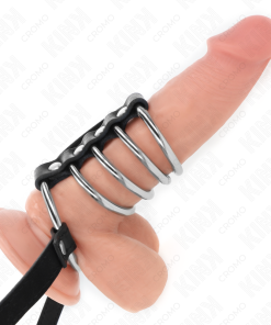 KINK - 5 PENIS RINGS 3.8 CM TO 5 CM METAL WITH LEATHER BELT 112 CM - slika 2