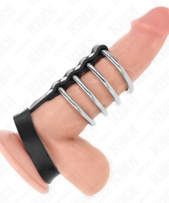 KINK - 4 METAL PENIS RINGS 3.8 CM CONNECTED WITH LEATHER STRAP 22 X 1.5 CM AND PRESSURE CLOSURE - slika 2