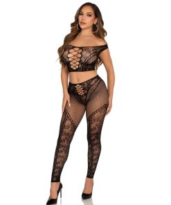 Alternative view of LEG AVENUE - CROP TOP AND FISHNET LEGGING WITH BARE SHOULDERS BLACK