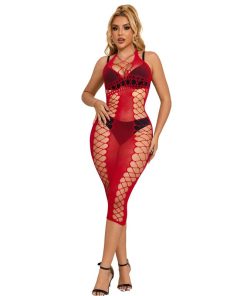 SUBBLIME - 952327 LONG RED FISHNET DRESS ONE SIZE