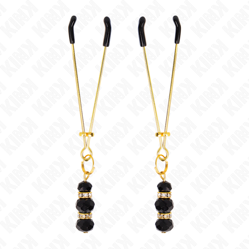 KINK - GOLD THIN NIPPLE CLAMPS WITH 3 BLACK GLASS BEADS 7 CM - slika 2