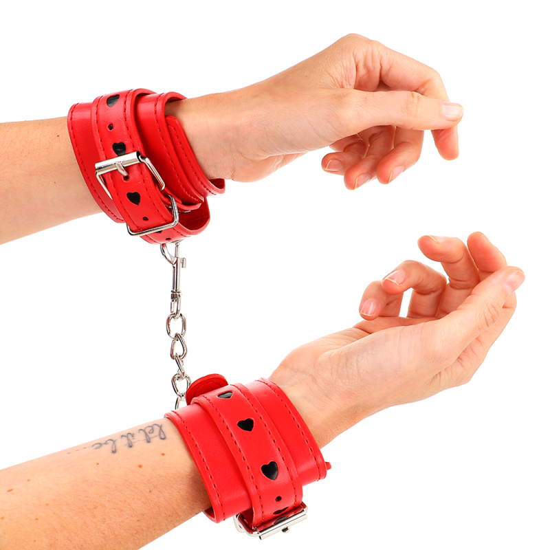 KINK - RED WRIST RESTRAINTS WITH BLACK HEART INLAY ADJUSTABLE 21-28 CM X 5.5 CM - slika 3