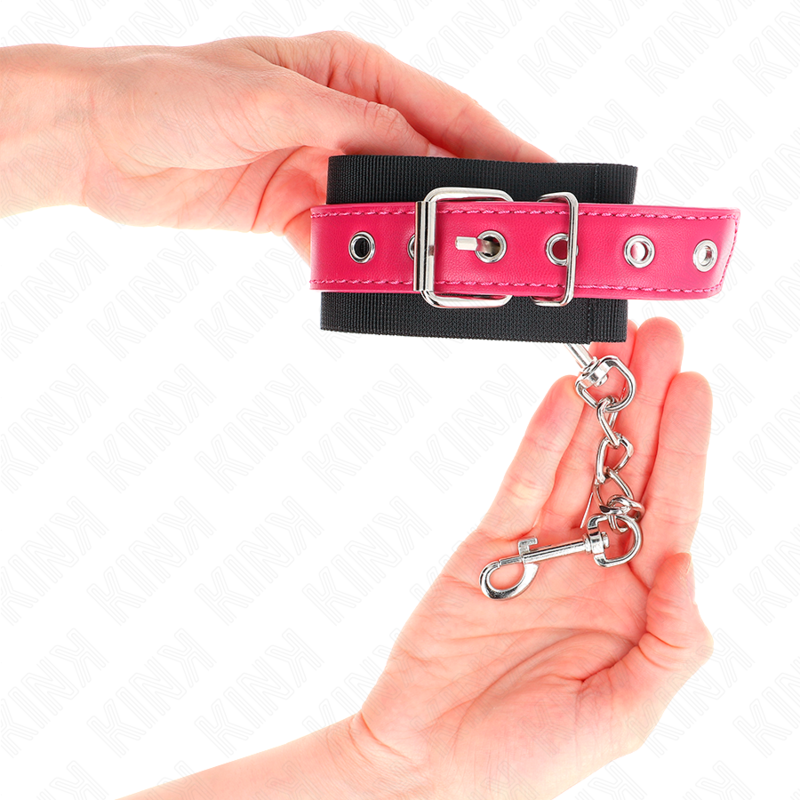 KINK - NYLON WRIST RESTRAINTS BLACK WITH LEATHERETTE BELT RASPBERRY ROSE ADJUSTABLE 19-29 CM X 5.1 CM - slika 3
