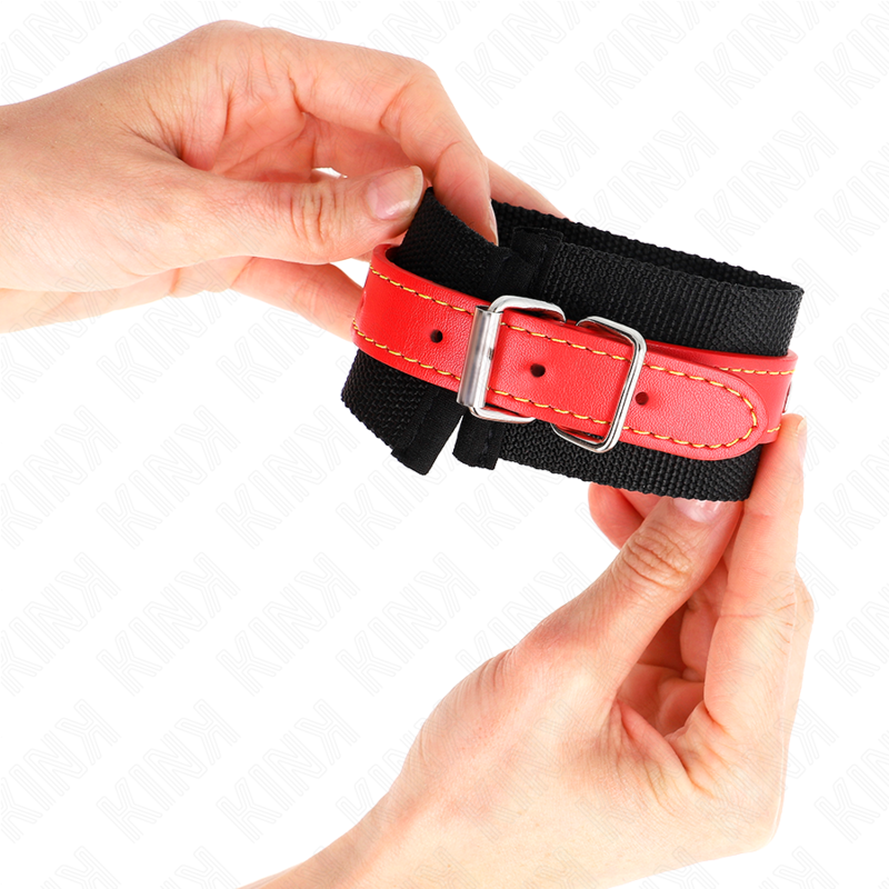 KINK - NYLON WRIST RESTRAINTS BLACK WITH LEATHERETTE RED ADJUSTABLE 19-24 CM X 5.5 CM - slika 3