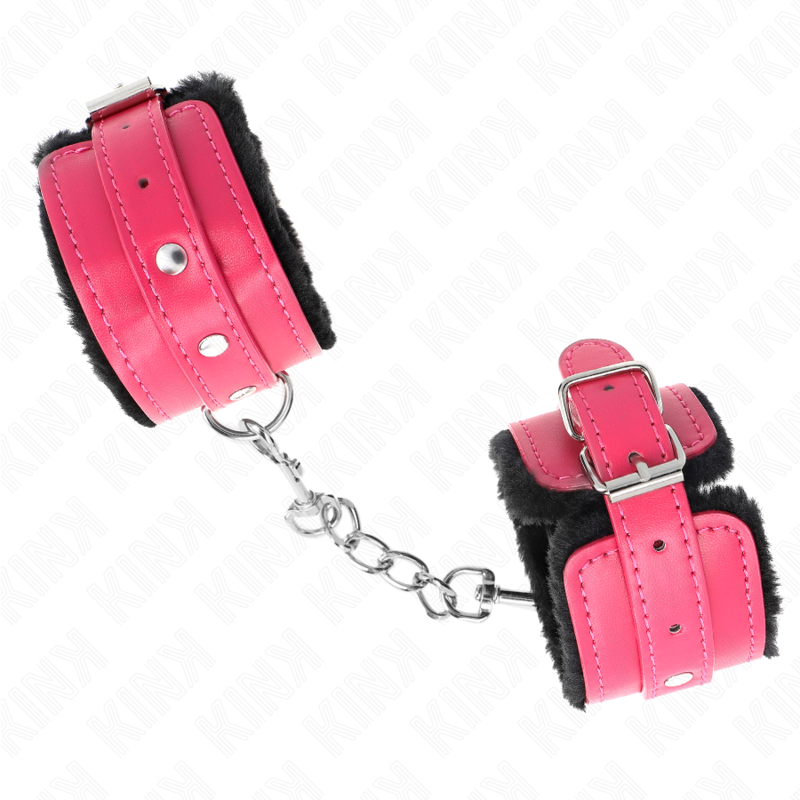 KINK - PREMIUM FUR LINED WRIST RESTRAINTS BLACK WITH RASPBERRY ROSE BELT ADJUSTABLE 17-29 CM X 6 CM - slika 2