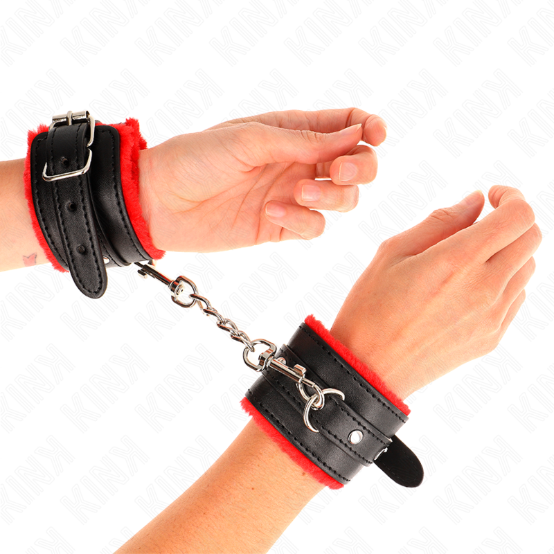 KINK - PREMIUM FUR LINED WRIST RESTRAINTS RED WITH BLACK BELT ADJUSTABLE 17-29 CM X 6 CM - slika 3