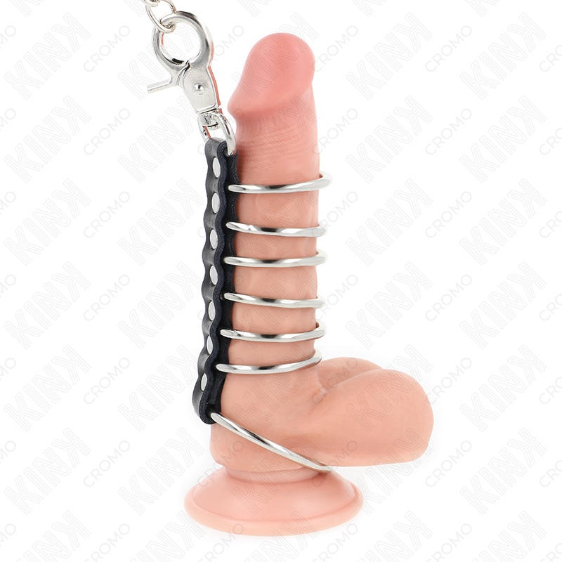 KINK - 7 METAL PENIS RINGS 3.8 CM TO 5 CM CONNECTED WITH LEATHER AND METAL CHAIN 100 CM - slika 2