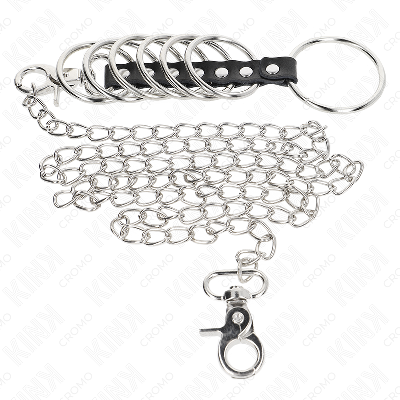 KINK - 7 METAL PENIS RINGS 3.8 CM TO 5 CM CONNECTED WITH LEATHER AND METAL CHAIN 100 CM - slika 3