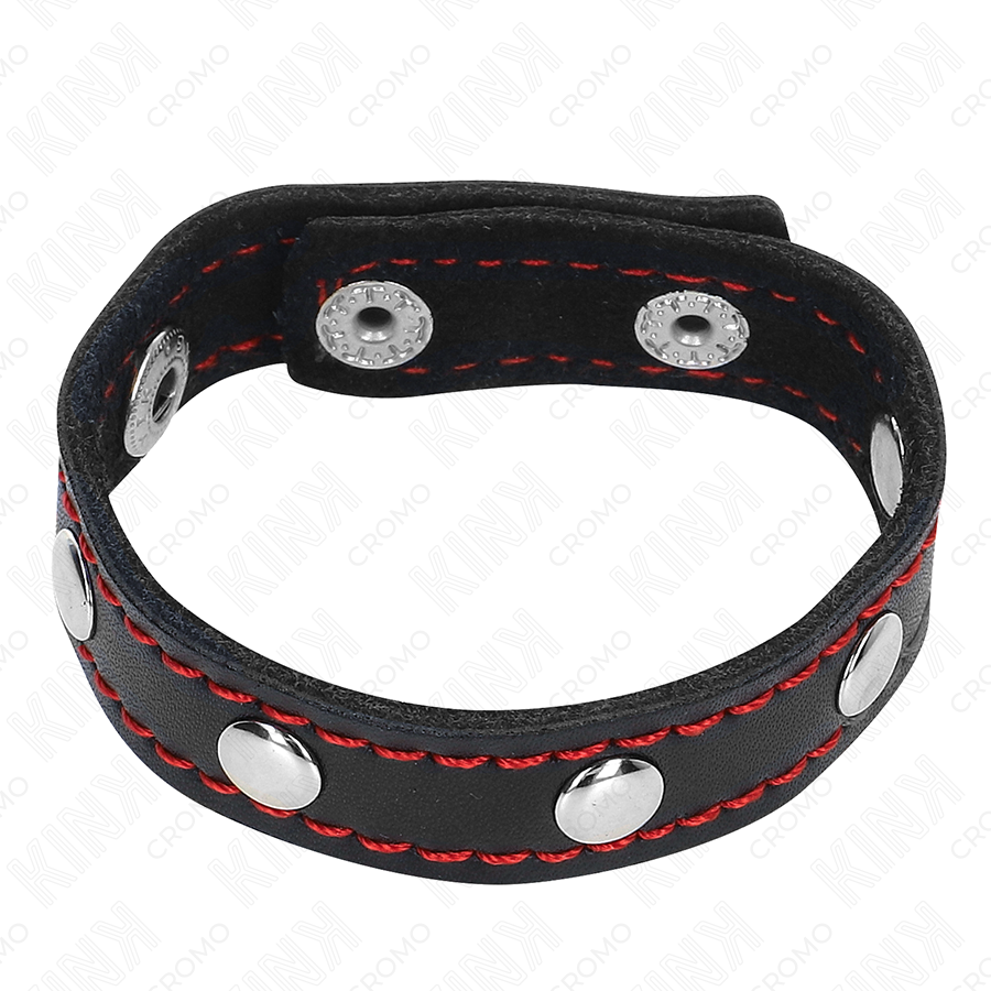 KINK - LEATHER PENIS RING WITH PRESSURE CLOSURE RED LINING 21 X 1.5 CM - slika 3