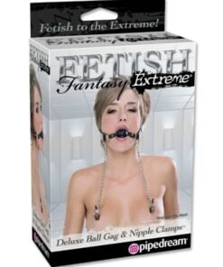 FETISH FANTASY EXTREME DELUXE PREVEZA ZA USTA Z ŽOGICO IN OBJEMKAMI ZA BRADAVICE